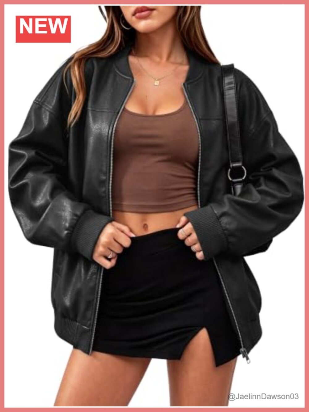 Oversized Faux Leather Bomber Jacket Drop Shoulder Zip Up Women's